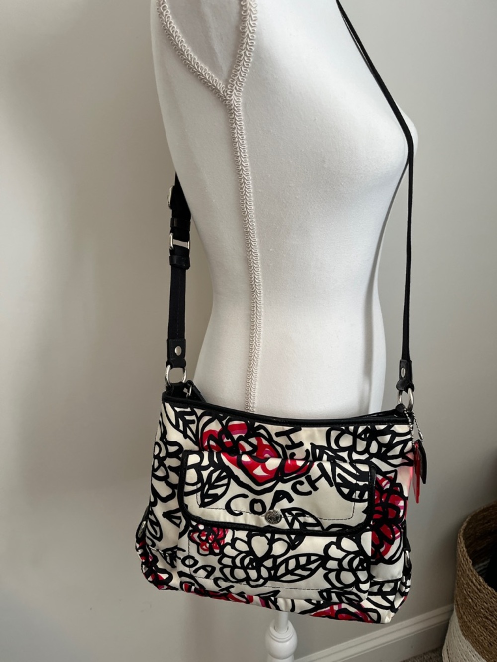 Coach White Black & Red Floral Print Crossbody Bag
